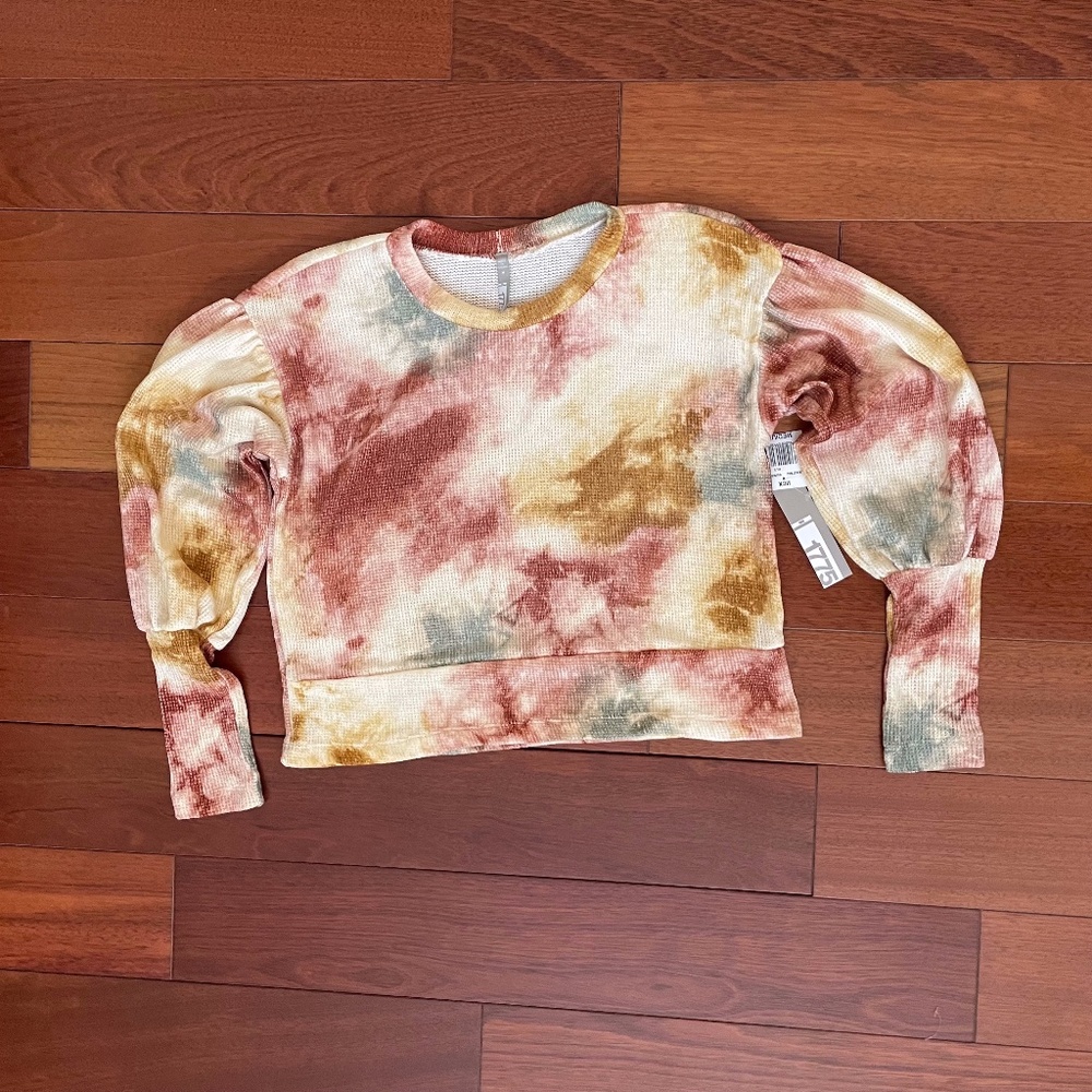 1775 Long Sleeve Crop Top in Gold, PInk, Cream Tie Dye Chenille Medium